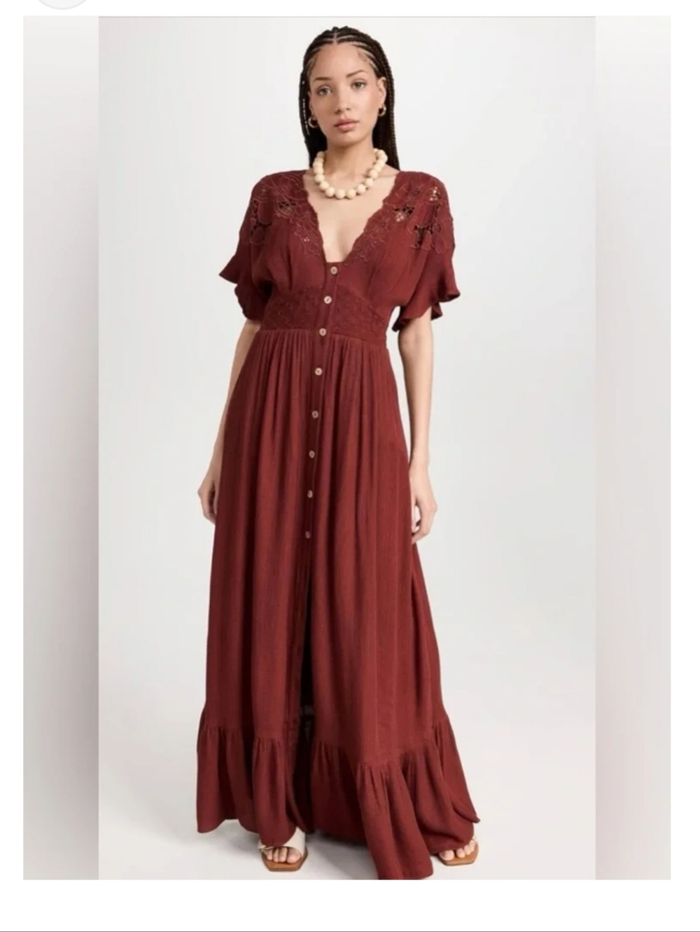 Free People Colette Button Front Maxi Dress Floral Cut Out Cinnamon Brown XS
